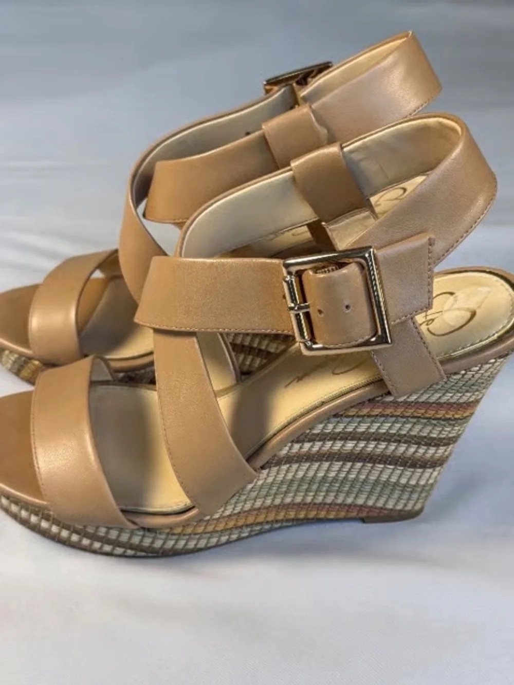 Time and Tru Tan Strappy Wedge Sandals with Buckle
